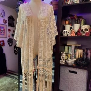 Torrid 3/4 Cream Fringe Kimono Duster